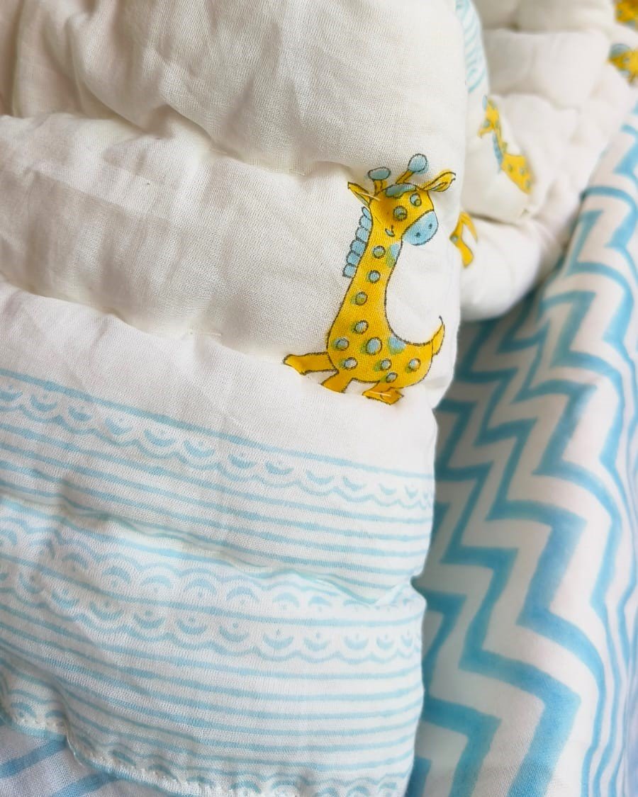 Baby Quilt Set ( Razai + Dohar) - Yellow Blue Giraffe Theme - Image 2