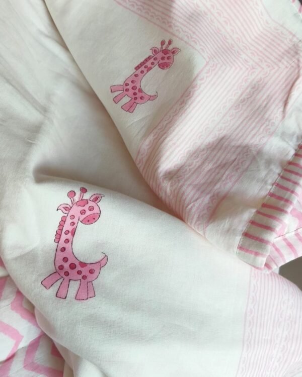 Baby Quilt Set ( Razai + Dohar) - Pink Giraffe Theme - Image 2