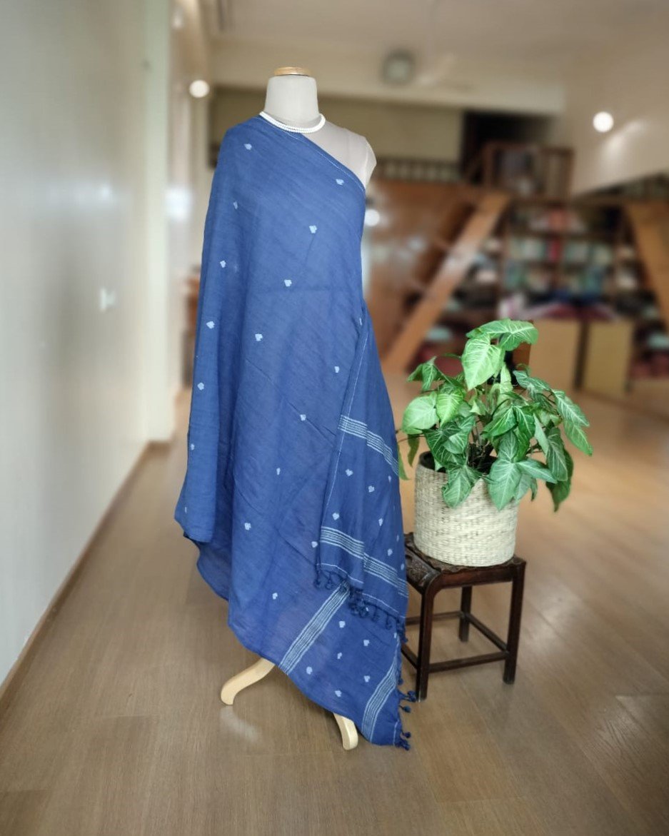Handwoven Cotton Dupatta with Jamdani Work - Blue - Image 2