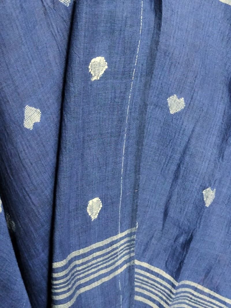 Handwoven Cotton Dupatta with Jamdani Work - Blue - Image 3
