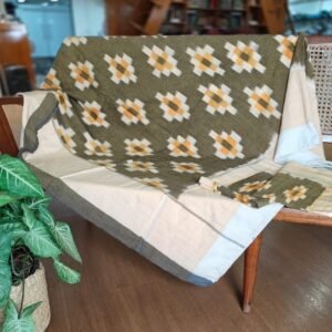 Ikat Cotton Double Bedsheet Set with Pillowcases- Green and Yellow
