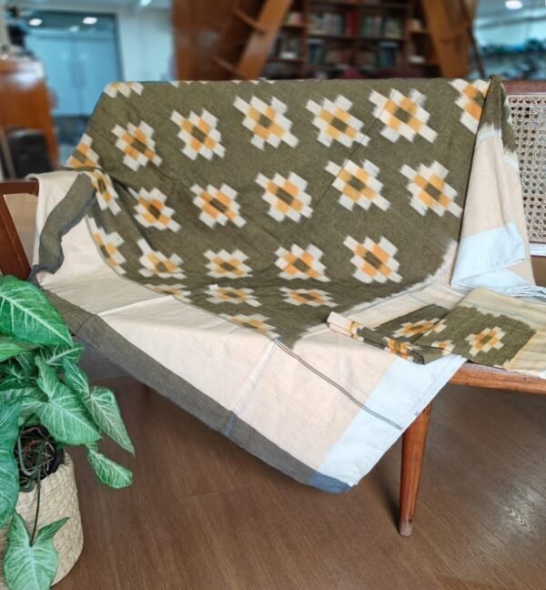 Ikat Cotton Double Bedsheet Set with Pillowcases- Green and Yellow