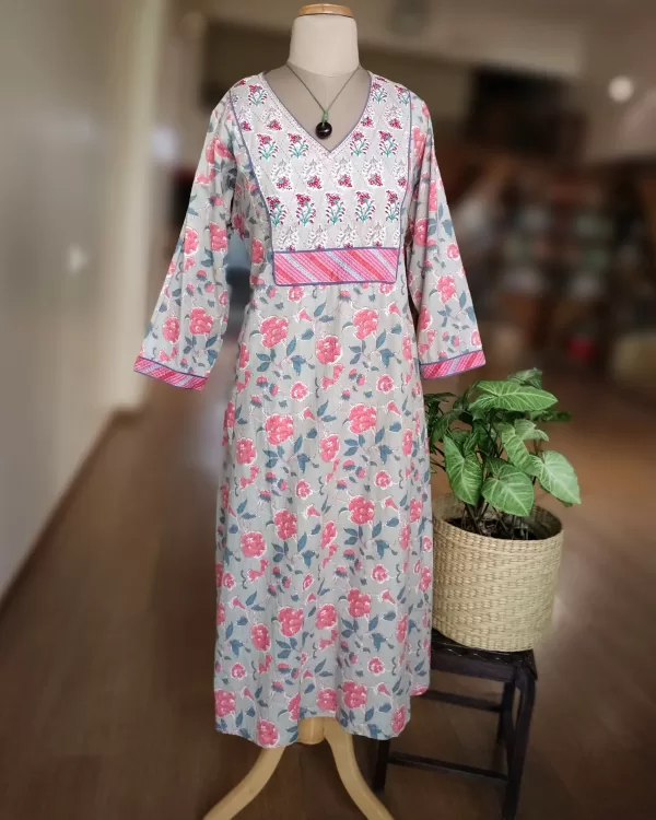 Blockprint dress with Embroidery on yoke – Size L