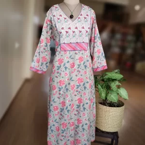 Blockprint dress with Embroidery on yoke – Size M