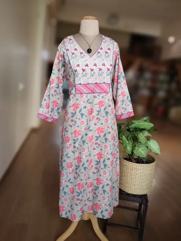 Blockprint dress with Embroidery on yoke – Size M