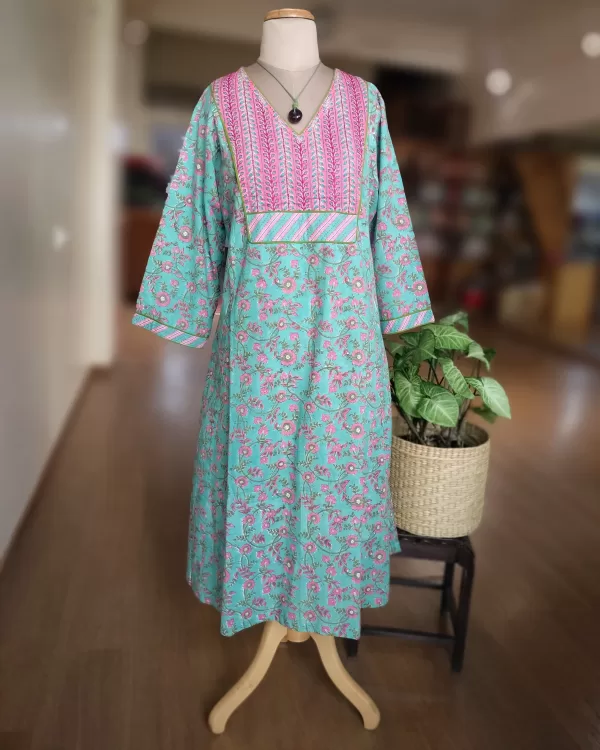 Blockprint dress with Embroidery on yoke – Size XL