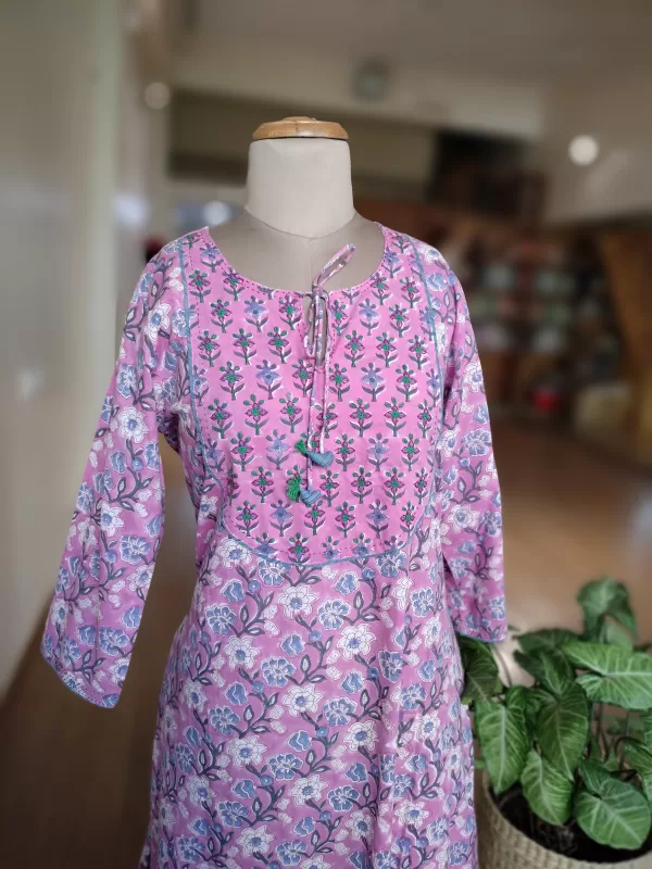 Blockprint dress with Embroidery on yoke – Size M - Image 2