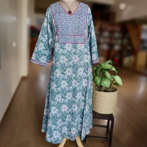 Blockprint dress with Embroidery on yoke – Size XL