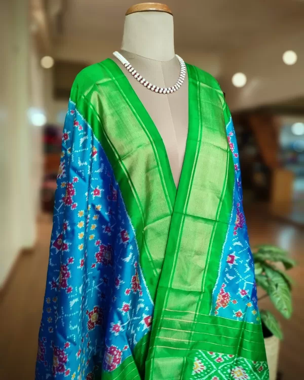 Blue - Handwoven Pochampally Ikat Mulberry Silk Dupatta with Tassels