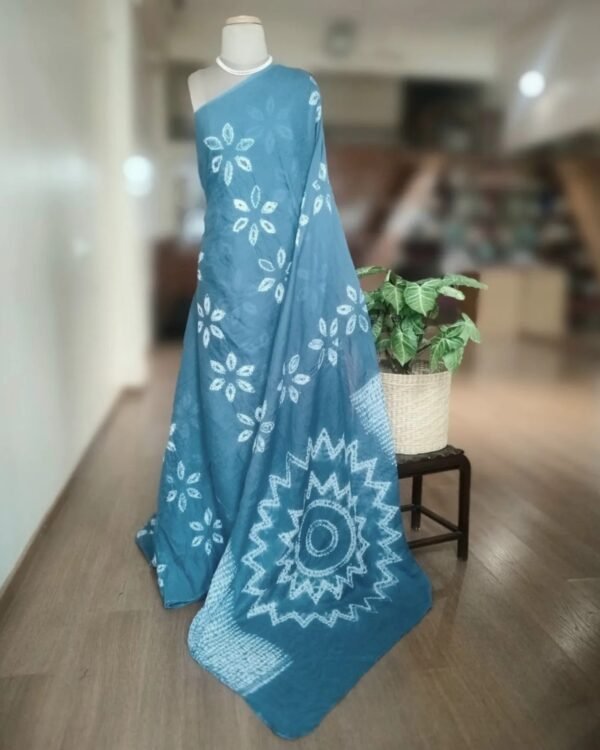 Hand Shibori on Mul Cotton Saree - Indigo