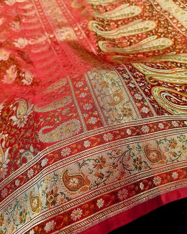 Banarasi Dohri Jamavar Zari Tanchoi - Orange/Red - Image 3