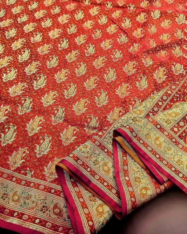 Banarasi Dohri Jamavar Zari Tanchoi - Orange/Red - Image 2