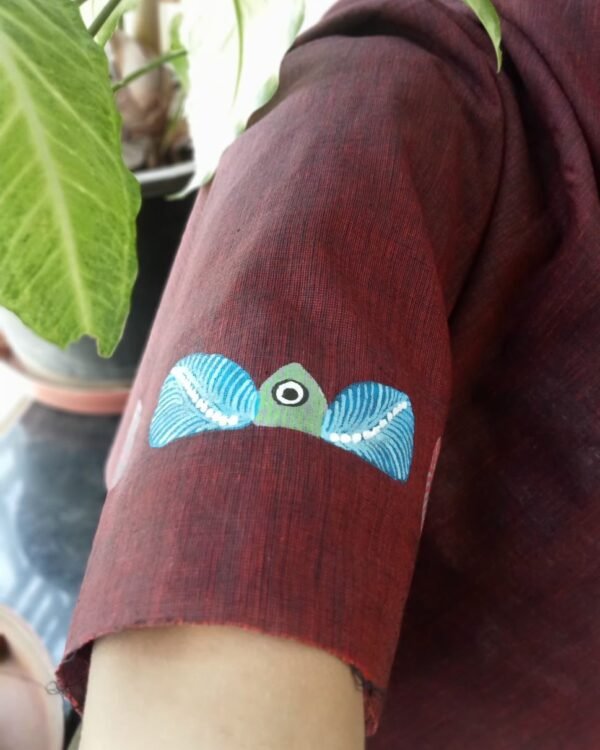 Handpainted Cotton Blousepiece with Gond Art - Fish - Image 2