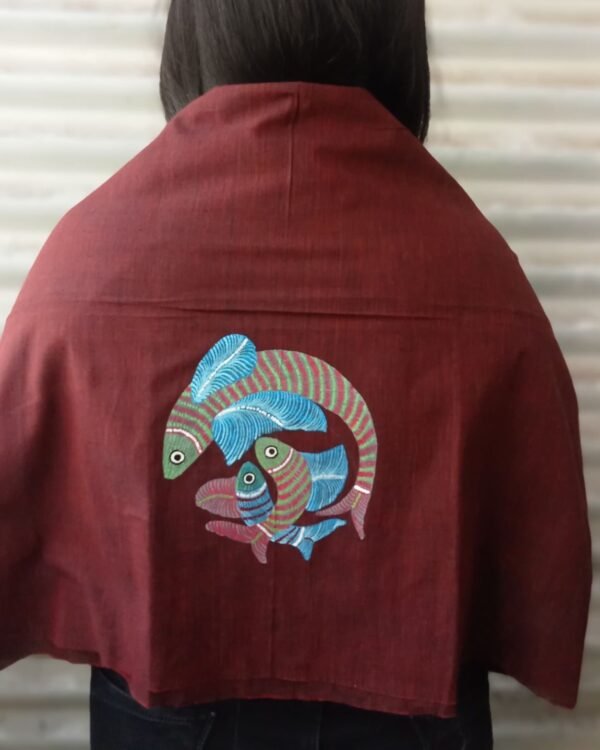 Handpainted Cotton Blousepiece with Gond Art - Fish