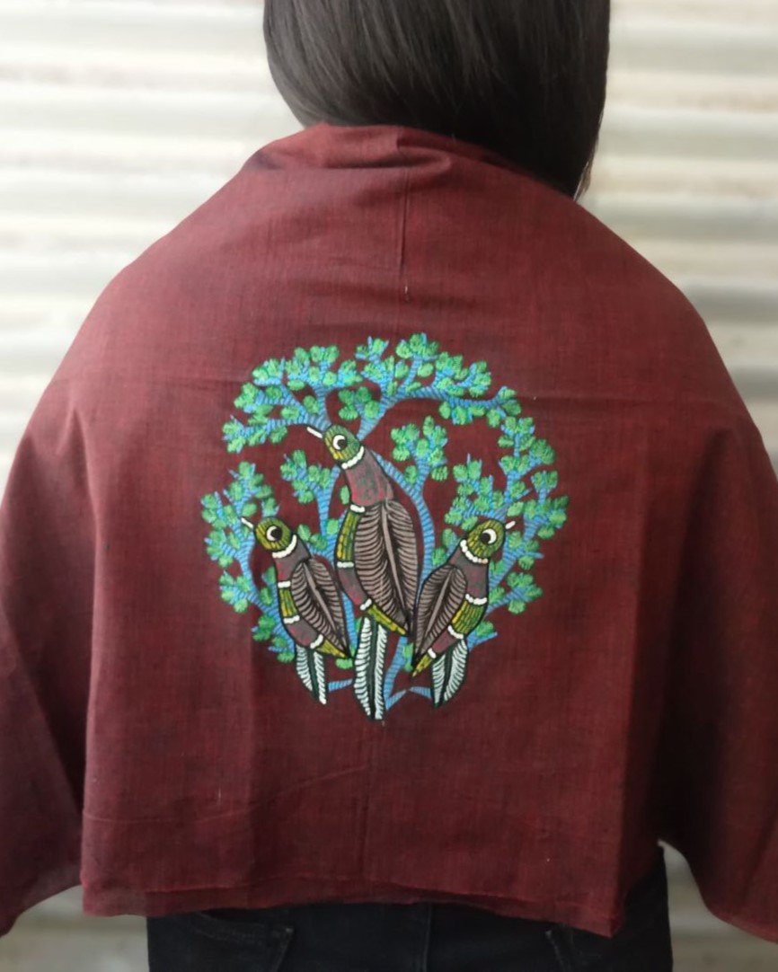 Handpainted Cotton Blousepiece with Gond Art - Parrot