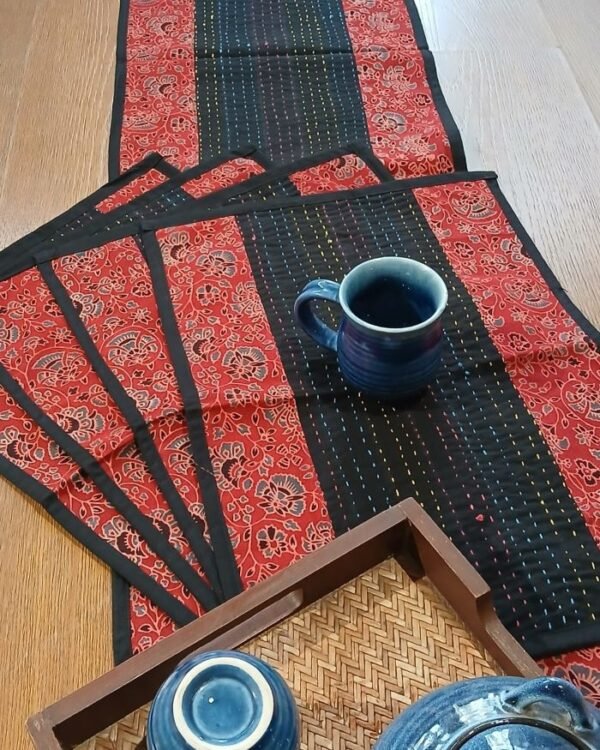 Ajrakh Table Runner and 4 Mats - (TMTR0006) - Image 2