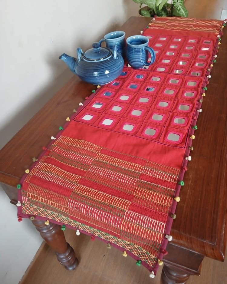 Festive Table Runner with mirrorwork - Red - Image 3