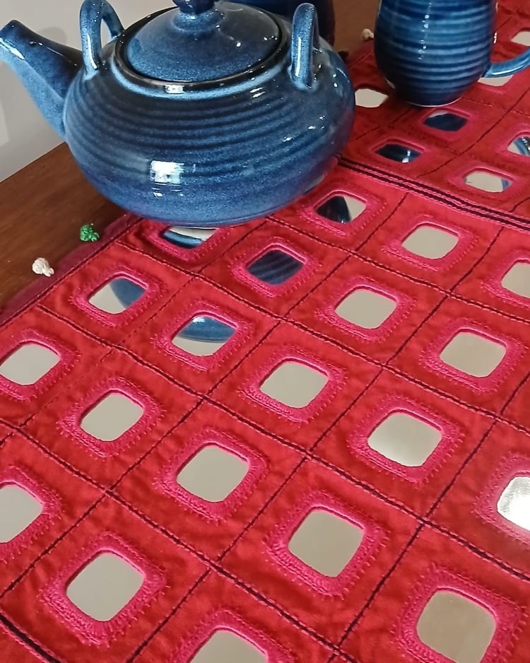 Festive Table Runner with mirrorwork - Red - Image 4