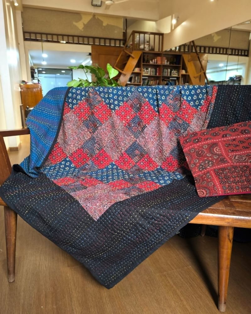 Patchwork Two-Layer Ajrakh Quilt (Godhri) - Multi Colour