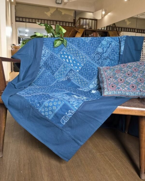 Patchwork Two-Layer Ajrakh Quilt (Godhri) Single - Blue