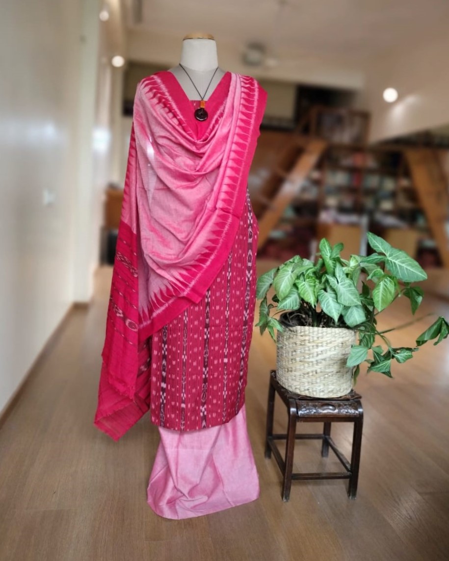 3-piece Cotton Salwar Set in Odisha ikat - Red and Light Pink - The ...