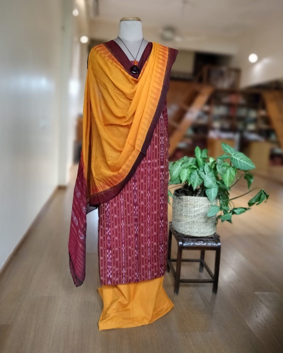 3-piece Cotton Salwar Set in Odisha ikat - Maroon and Yellow or