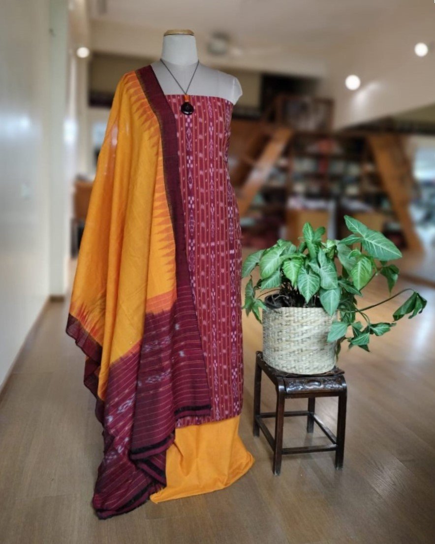 3-piece Cotton Salwar Set in Odisha ikat - Maroon and Yellow or - Image 3