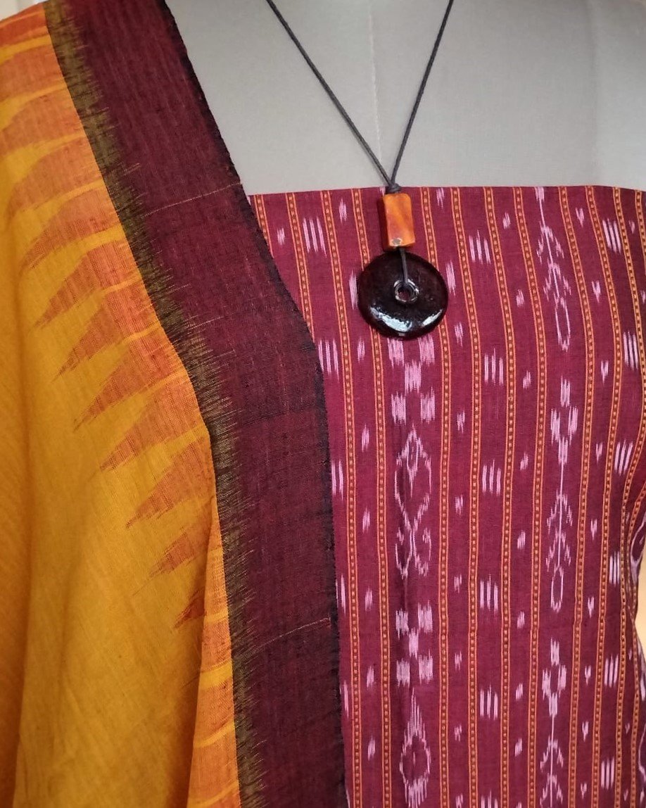3-piece Cotton Salwar Set in Odisha ikat - Maroon and Yellow or - Image 5
