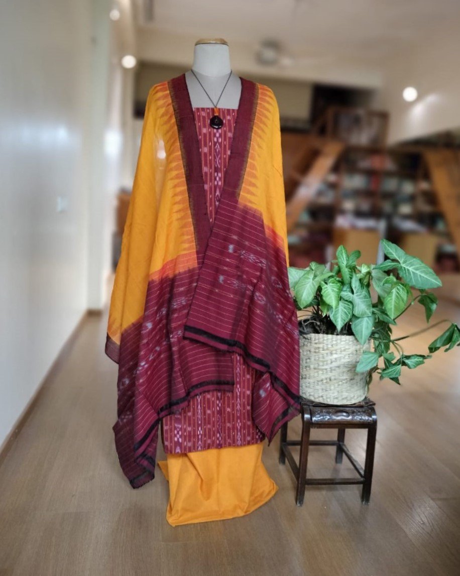 3-piece Cotton Salwar Set in Odisha ikat - Maroon and Yellow or - Image 4
