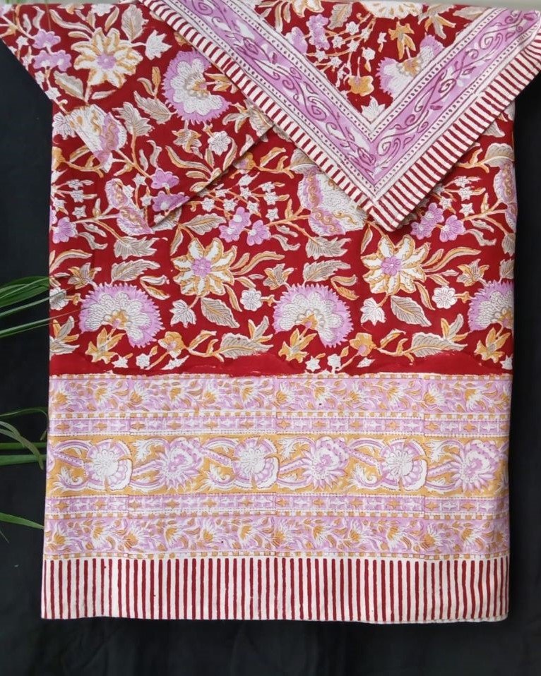 Blockprint Double Bedsheet with matching pillowcases - Red