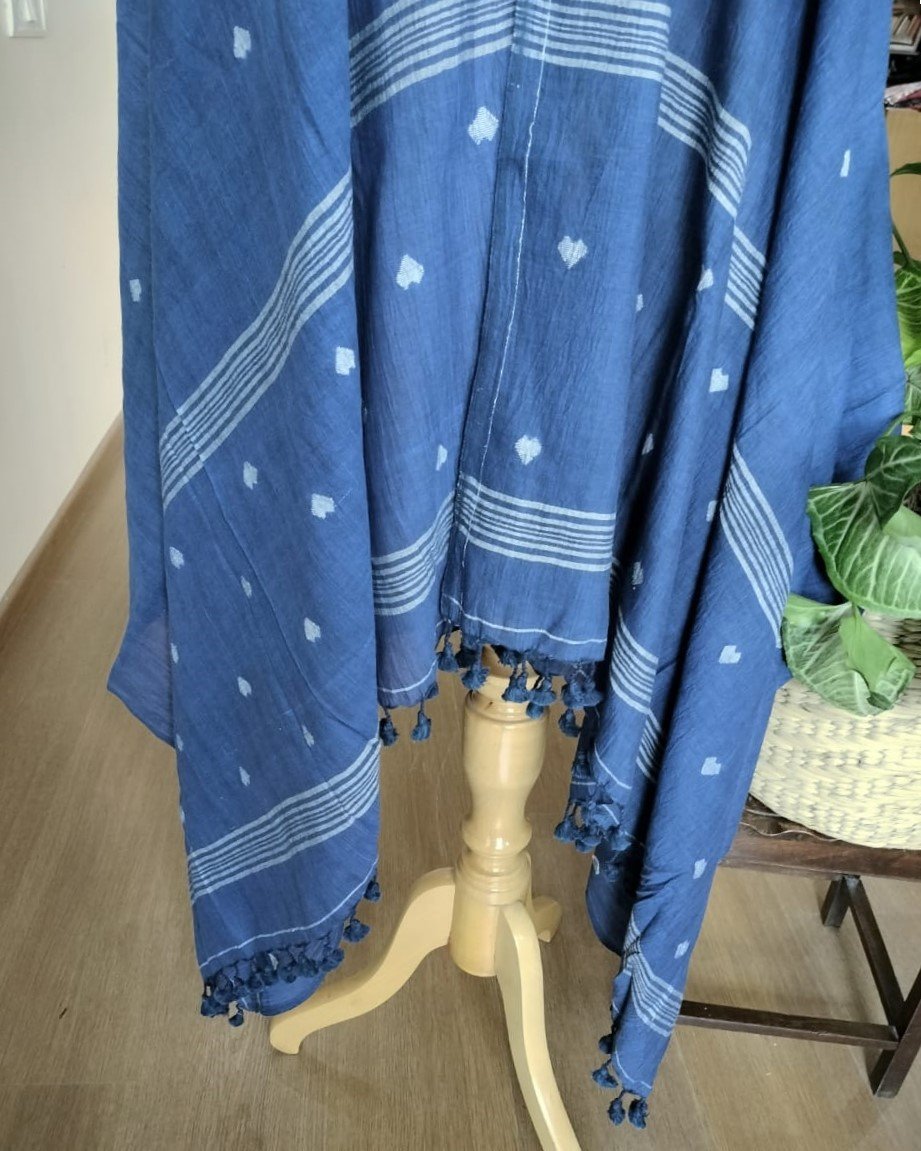 Handwoven Cotton Dupatta with Jamdani Work - Blue - Image 4