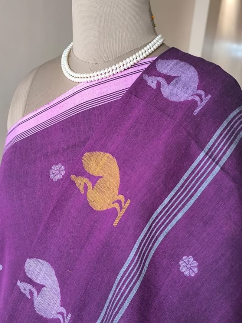 Needle Jamdani Cotton Saree - Purple - Image 7