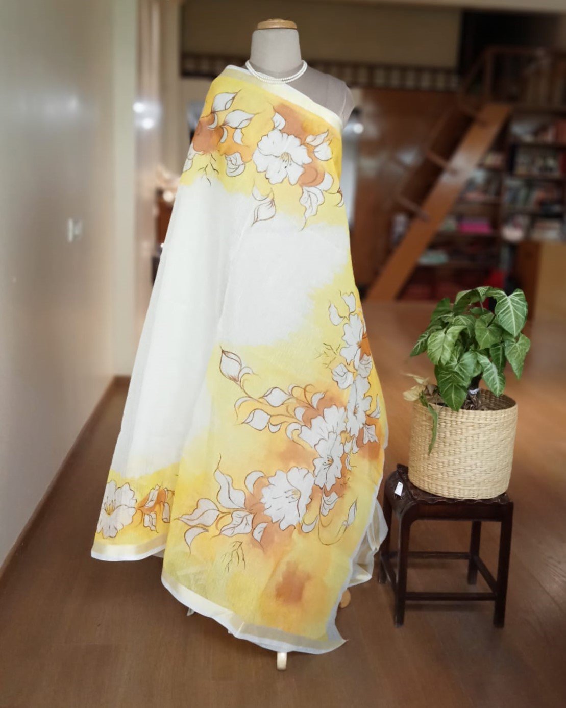 White Hibiscus Handpainted Saree on Kota Doria - Image 2