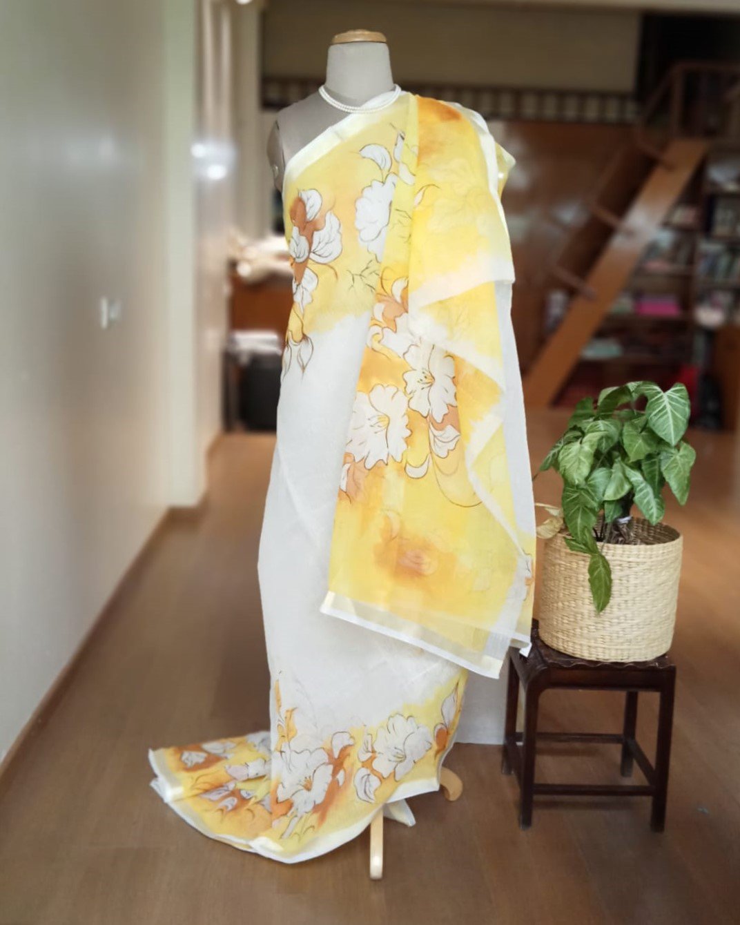 White Hibiscus Handpainted Saree on Kota Doria