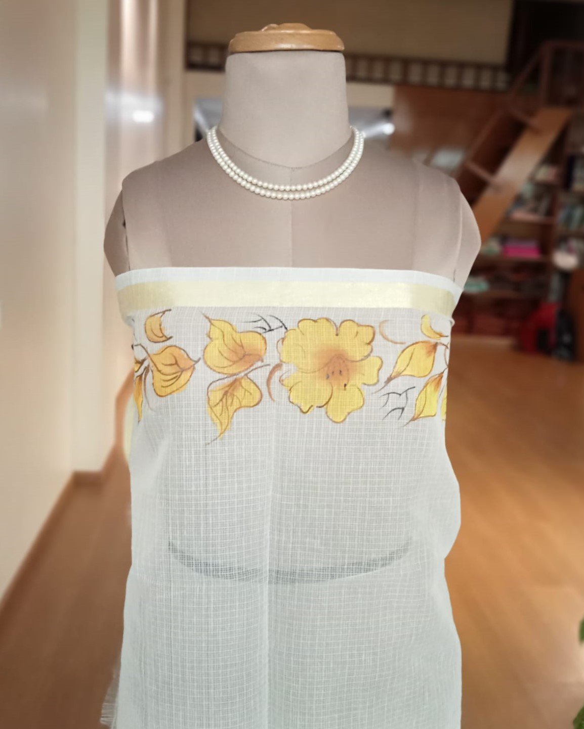 White Hibiscus Handpainted Saree on Kota Doria - Image 8