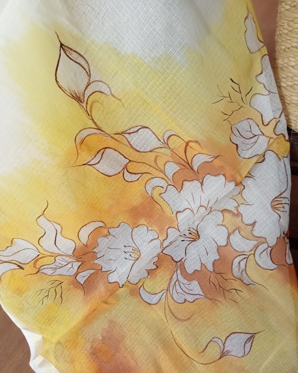 White Hibiscus Handpainted Saree on Kota Doria - Image 7