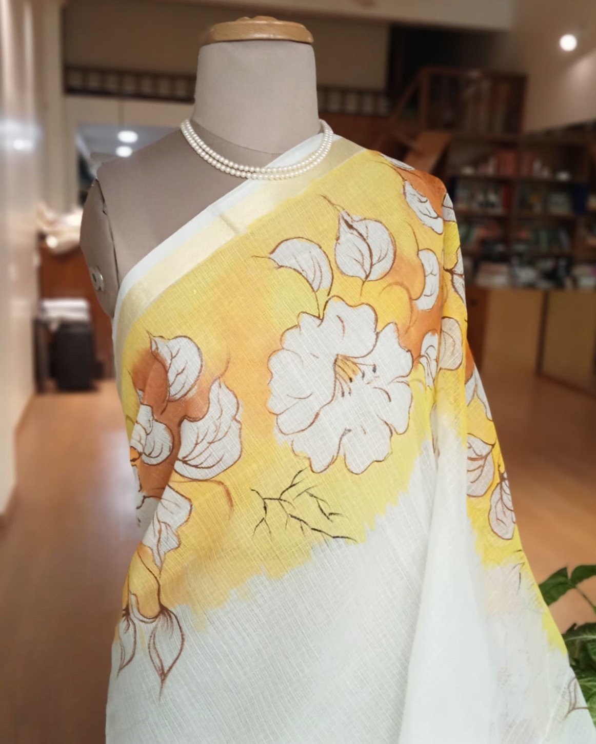 White Hibiscus Handpainted Saree on Kota Doria - Image 5