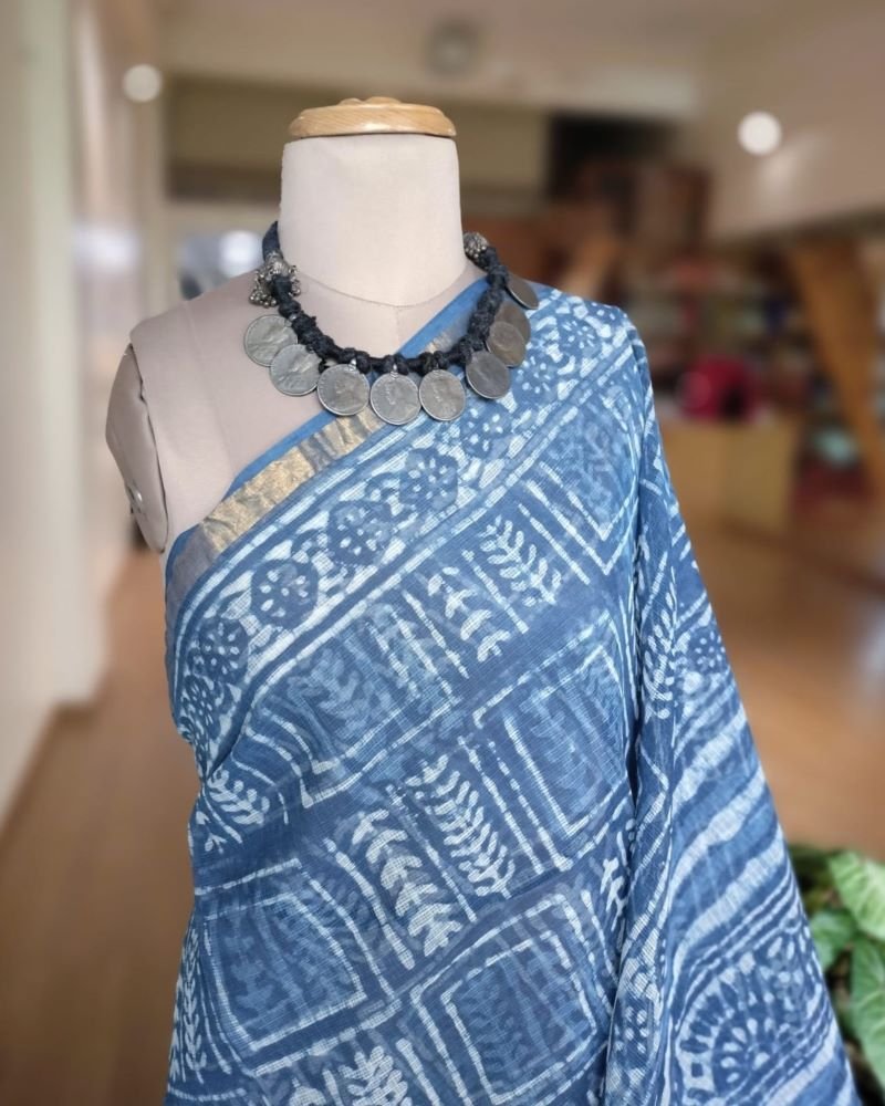 Kota Doria Cotton Saree- Indigo - Image 4