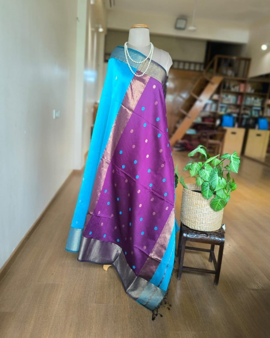 Maheshwari Silk Cotton Saree - Purple and Sky Blue