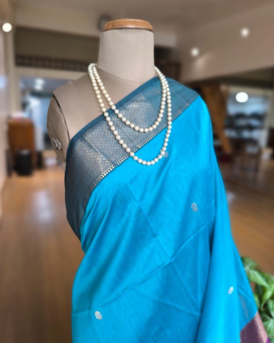 Maheshwari Silk Cotton Saree - Purple and Sky Blue - Image 4