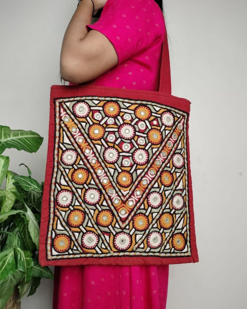 Rabari Paako Embroidered Tote Bag - Red (RPTB0005)