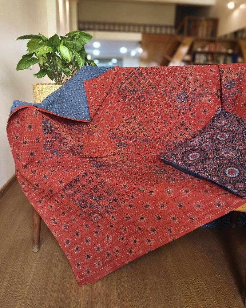 Patchwork Two-Layer Ajrakh Quilt (Godhri) - Single Red