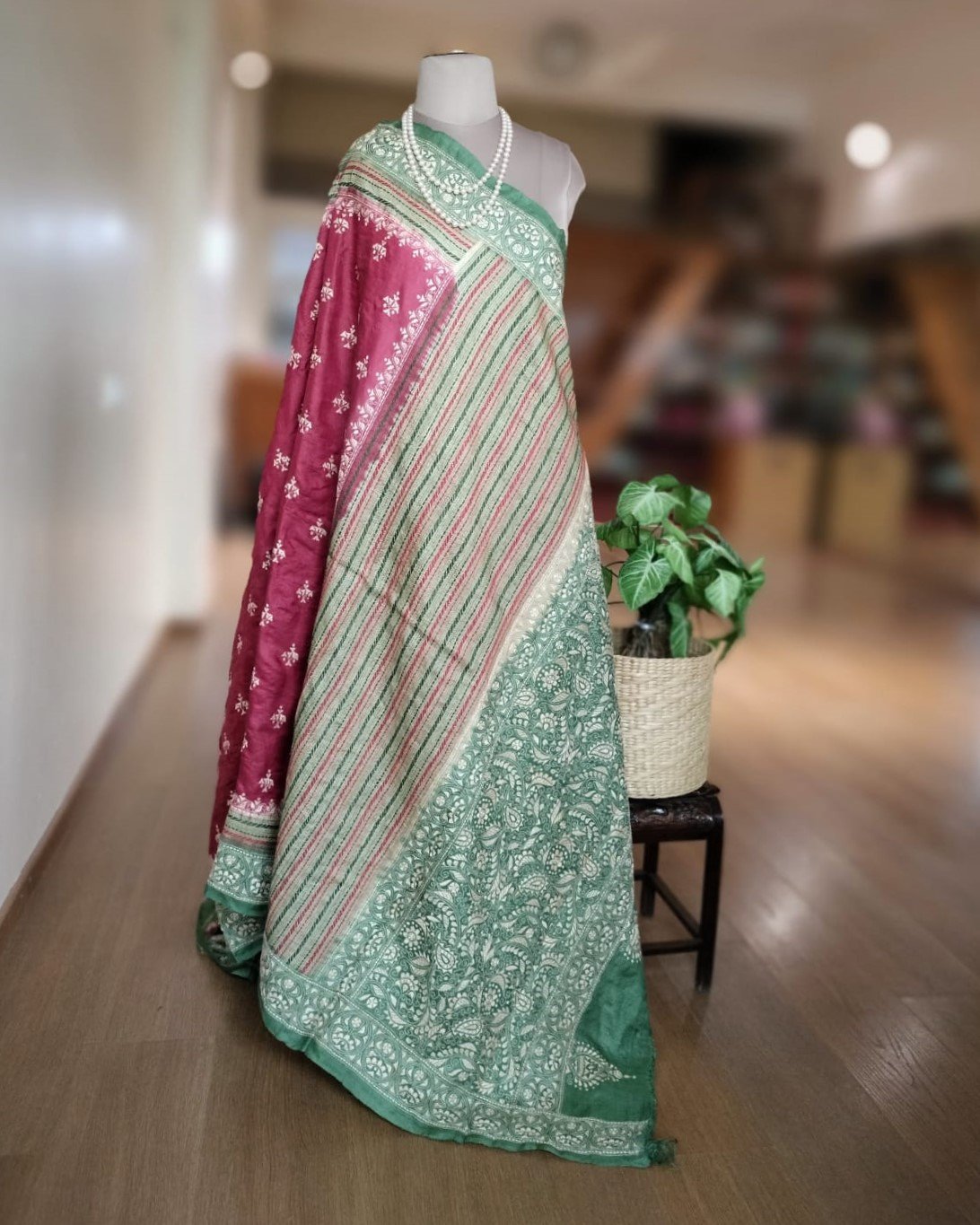 Santiniketan Kantha on Tussar Silk Saree - Maroon and Green - Image 2