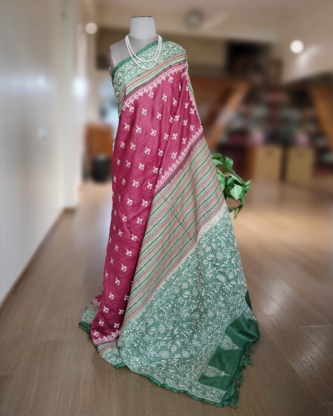 Santiniketan Kantha on Tussar Silk Saree - Maroon and Green