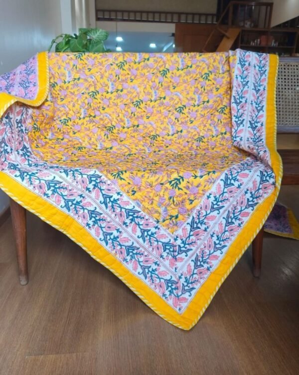 Light Quilted Comforter in Jaipur Blockprint - Double (Yellow)
