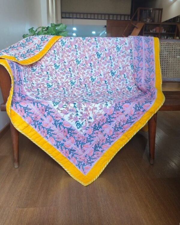 Light Quilted Comforter in Jaipur Blockprint - Double (Yellow) - Image 2