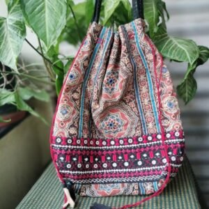 Rounded Jhola Bag in Pure Cotton - Brown and Red  (RJCB0003)