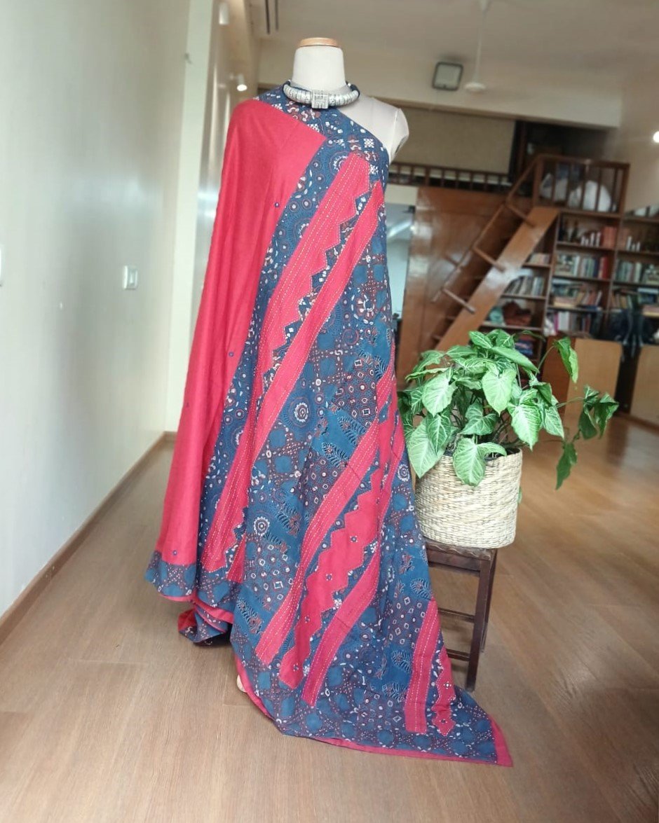 Ajrakh Applique Saree in Mul Cotton - Red and Blue