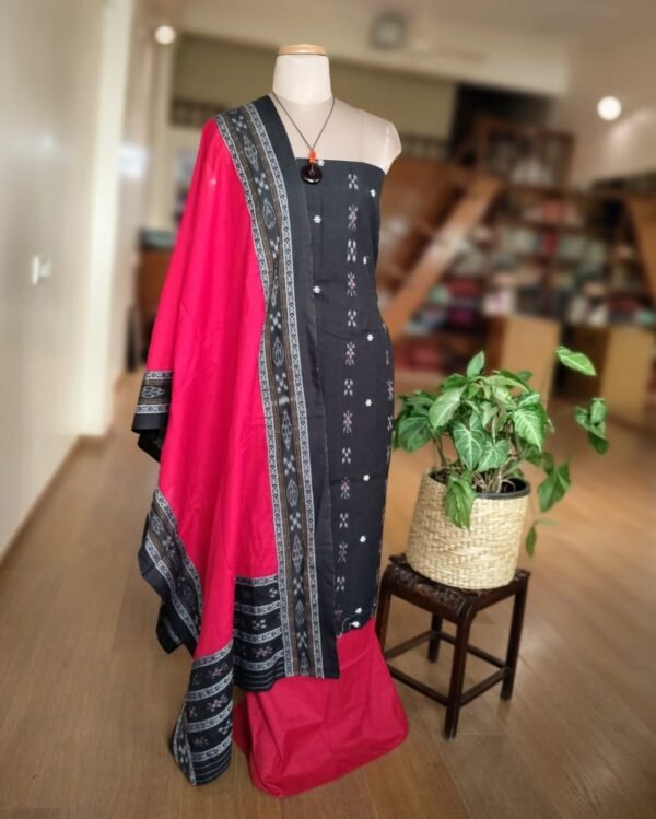 Cotton Salwar Set (3-piece) in Odisha Ikat - Black and Maroon - Image 3