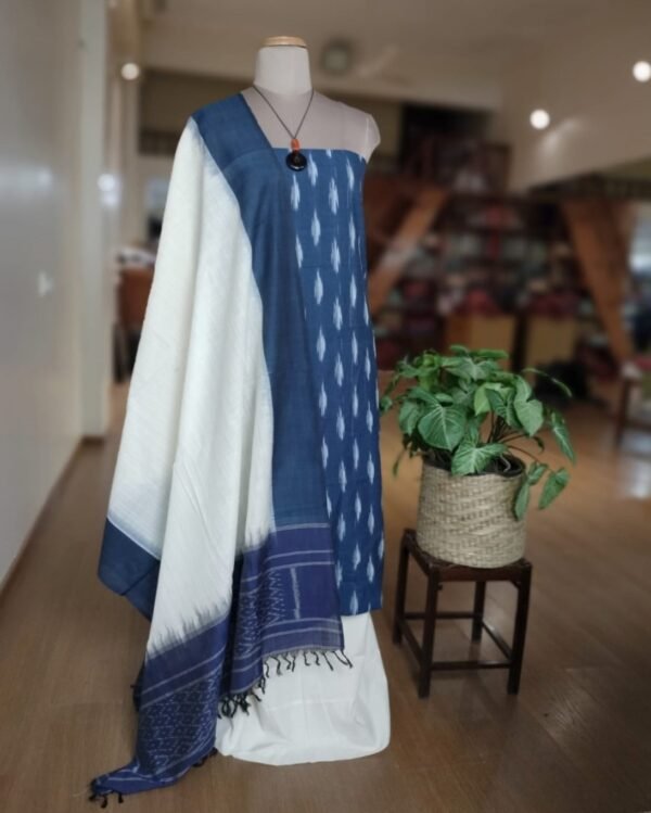 3-piece Cotton Salwar Set in Pochampally Ikat - Blue and White - Image 3